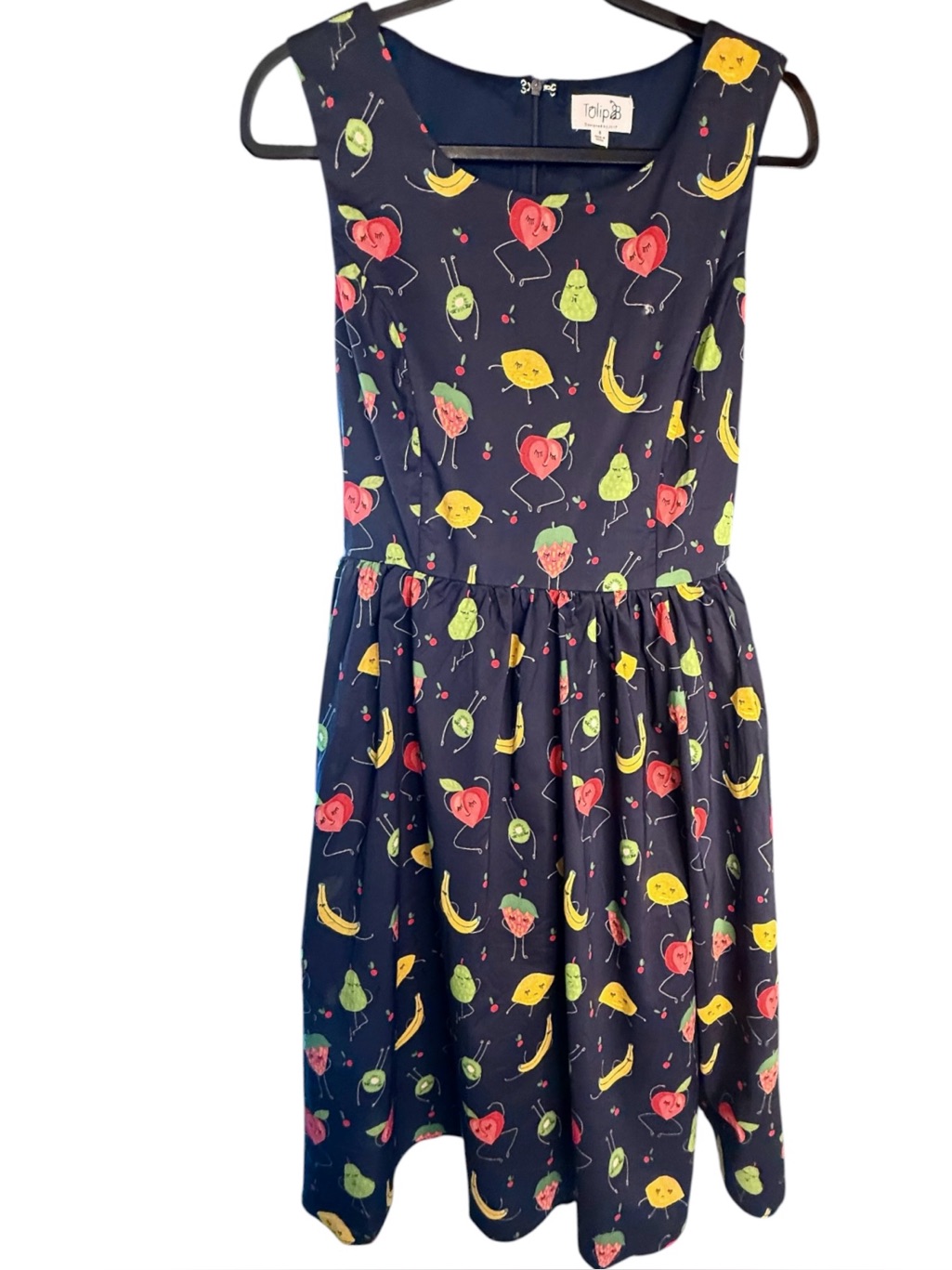 Tulip B Retro Style Navy Fruit Print Sleeveless Dress Pockets Lined Nwt